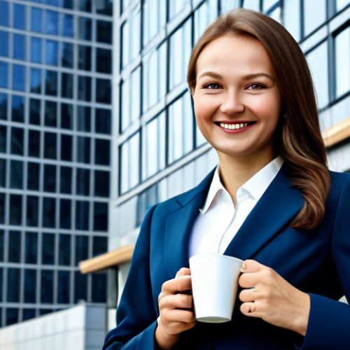Home 19 **
A successful businesswoman in a stylish, tailored suit appropriate for Moscow's business district. She's holding a cup of coffee and smiling confidently. The background is a modern office building with Cyrillic signage visible. Fully clothed, professional attire, safe for work, perfect anatomy, natural proportions, professional photography, high quality.
**