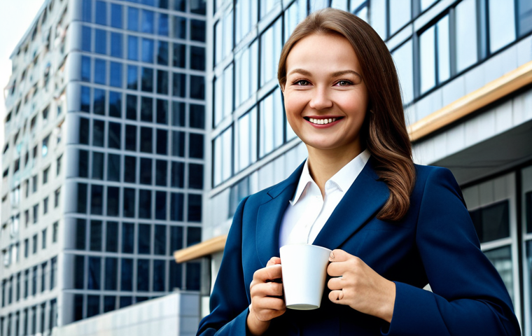 **

A successful businesswoman in a stylish, tailored suit appropriate for Moscow's business district. She's holding a cup of coffee and smiling confidently. The background is a modern office building with Cyrillic signage visible. Fully clothed, professional attire, safe for work, perfect anatomy, natural proportions, professional photography, high quality.

**