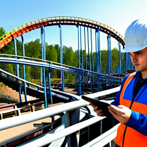 Home 18 **
A maintenance engineer in professional attire is inspecting a roller coaster track at an amusement park. He's using a tablet to record data. The scene is bright daylight with other rides visible in the background. Safety is paramount: the engineer is fully clothed, wearing a hard hat. The image should have perfect anatomy, correct proportions, a natural pose, and well-formed hands. This is a safe for work, appropriate content, and professional image.
**