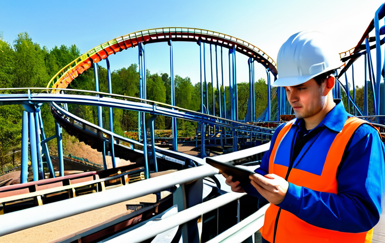**

A maintenance engineer in professional attire is inspecting a roller coaster track at an amusement park. He's using a tablet to record data. The scene is bright daylight with other rides visible in the background. Safety is paramount: the engineer is fully clothed, wearing a hard hat. The image should have perfect anatomy, correct proportions, a natural pose, and well-formed hands. This is a safe for work, appropriate content, and professional image.

**