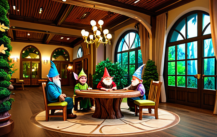 Themed Hotel Experience**

"A brightly lit, family-friendly hotel lobby decorated in a fairytale forest theme, complete with whimsical, hand-carved wooden furniture and costumed characters (fairies, gnomes) greeting guests. Everyone is fully clothed in appropriate attire. Safe for work. Professional concept art, perfect anatomy, natural proportions, high quality."

**