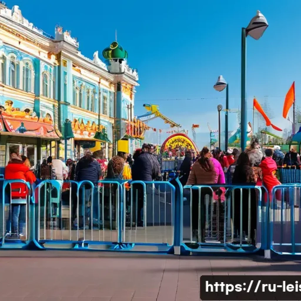 레저산업 실무 중 안전 관리 중요성 - A vibrant amusement park scene in Moscow during late afternoon, featuring well-lit pathways with mod...