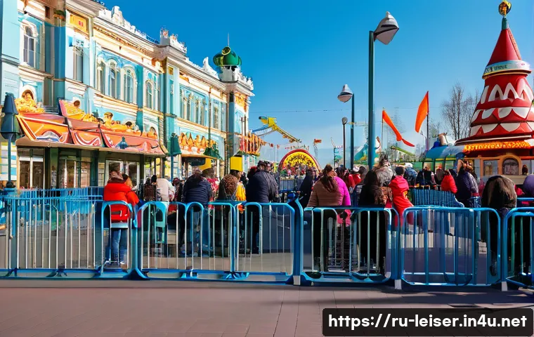 레저산업 실무 중 안전 관리 중요성 - A vibrant amusement park scene in Moscow during late afternoon, featuring well-lit pathways with mod...