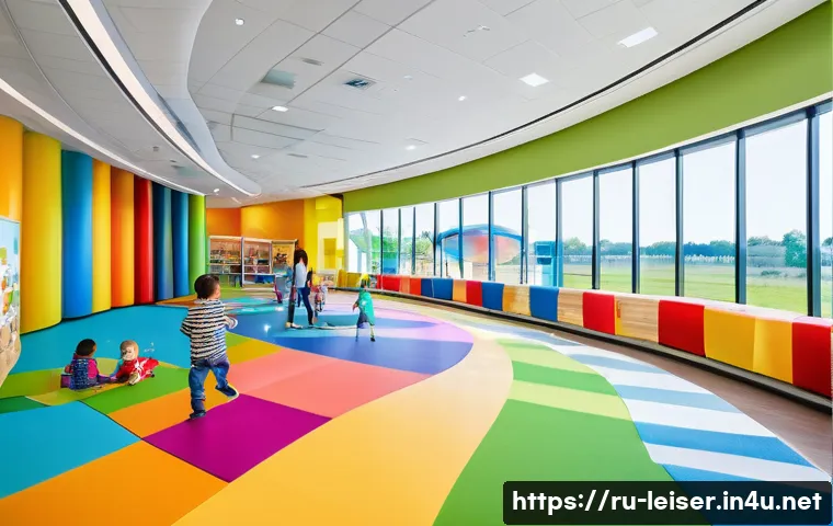 레저산업 실무 프로젝트 사례 - A modern leisure center interior featuring families with children engaging in creative workshops and...