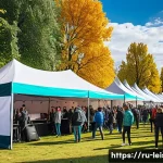 Home 22 레저산업기사 실무 경험 공유 - A vibrant outdoor festival scene in a modern Russian city park during early autumn, showing a divers...