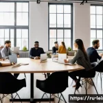 Home 21 레저산업기사 자격증 관련 커뮤니티 소개 - A modern co-working space with diverse professionals from the leisure industry gathered around a lar...