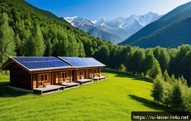 레저산업 실무와 환경 문제 대응 - A serene mountain eco-resort nestled in the Caucasus, featuring traditional wooden cabins made from ...